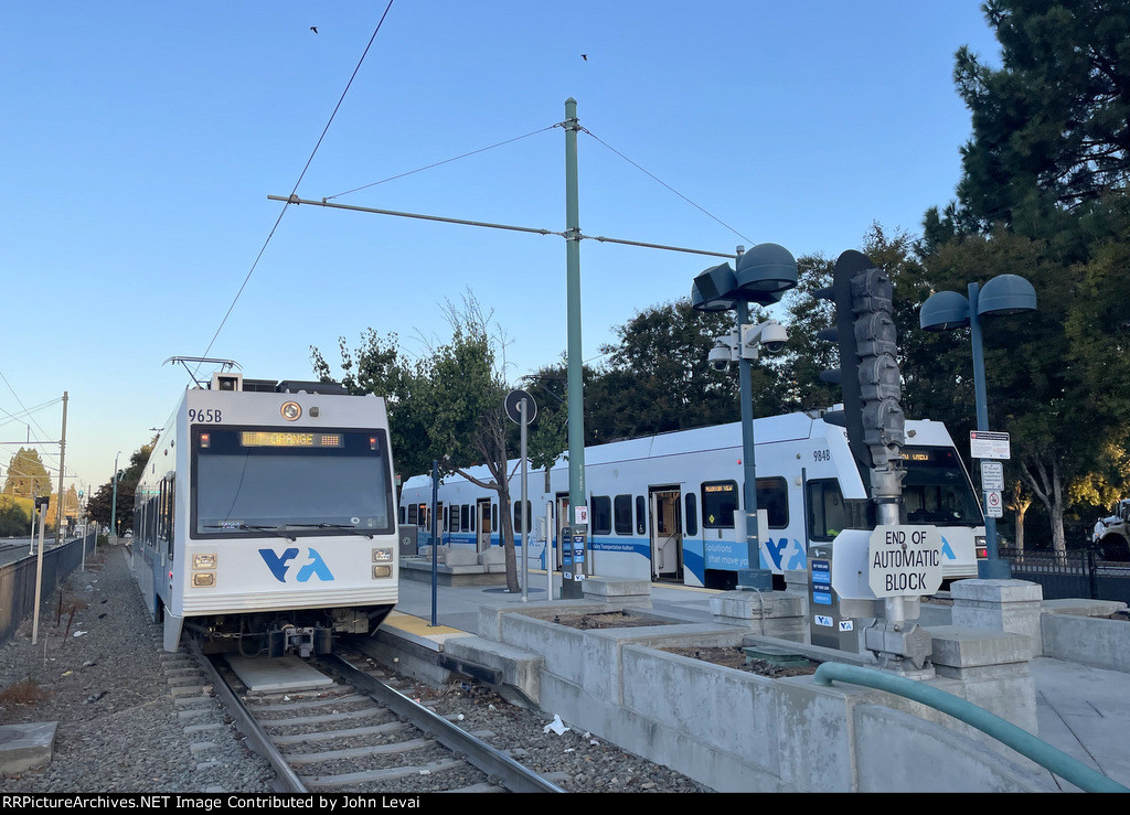 Two VTA LR trains at Mountain View Depot